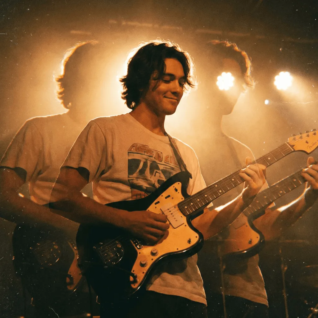 Guitarrista tocando en un concierto con iluminación cálida