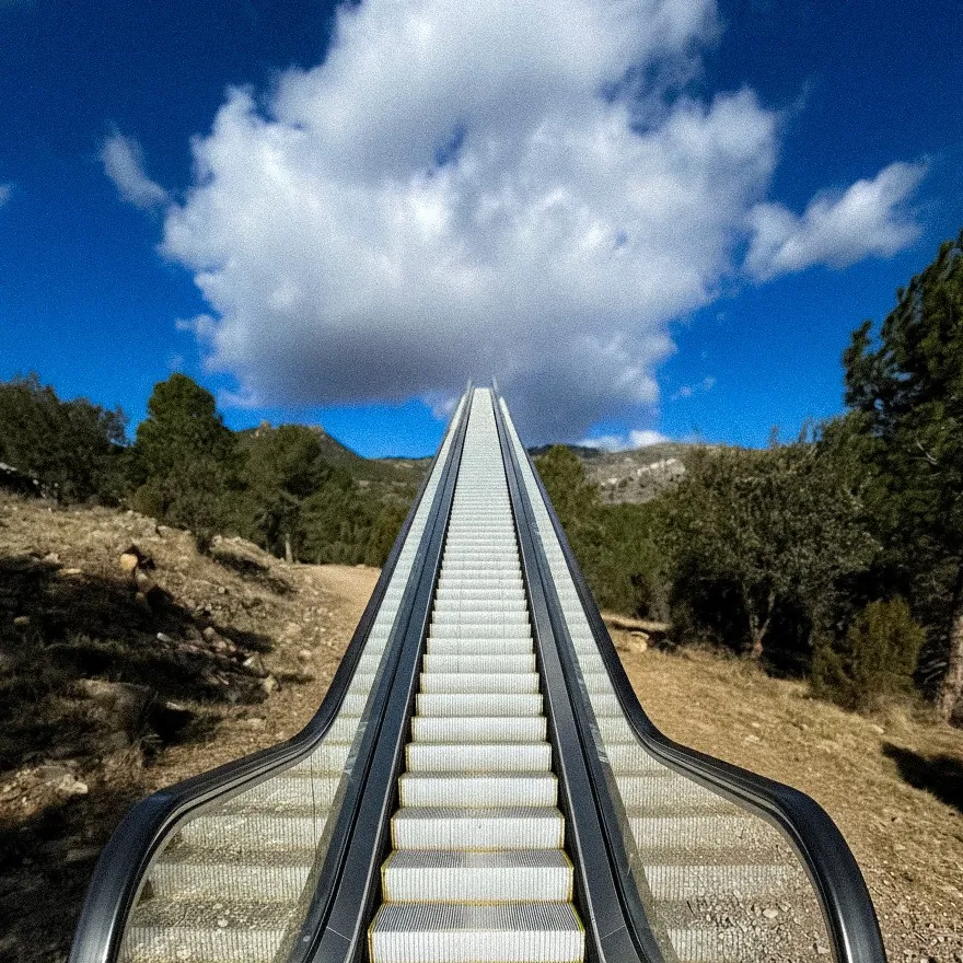 Escaleras largas al aire libre rodeadas de naturaleza bajo cielo azul