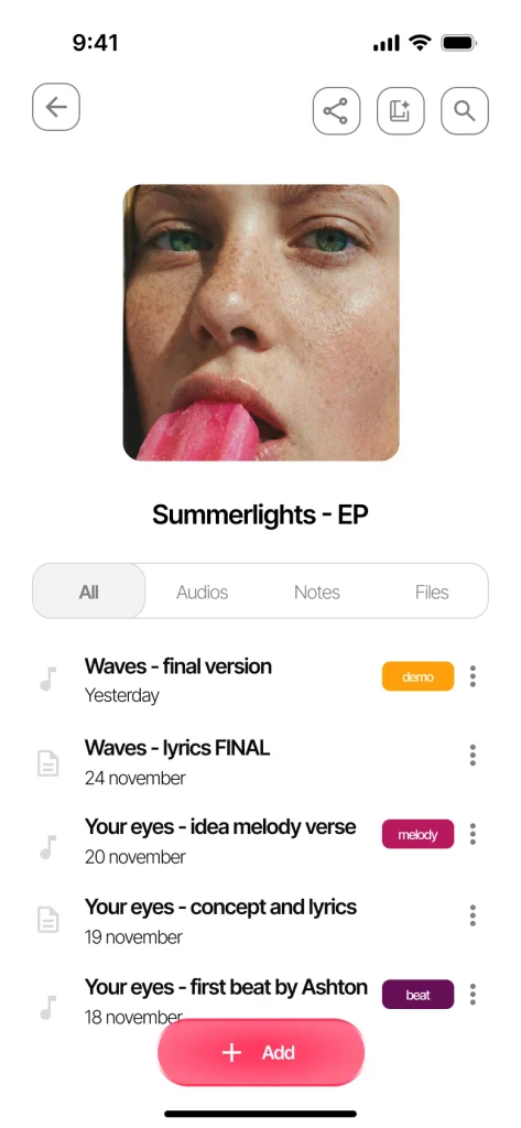 Options to add content in Zoundroom: note, import audio, import PDF and record audio