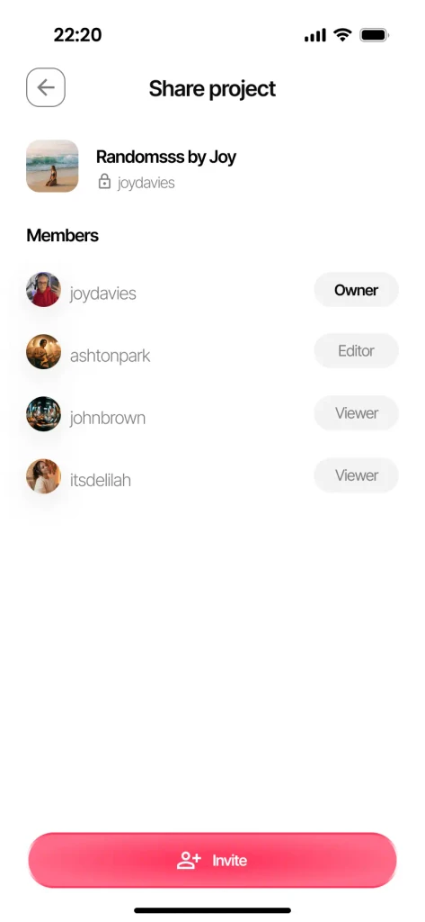 Screen to share a music project with other artists in Zoundroom
