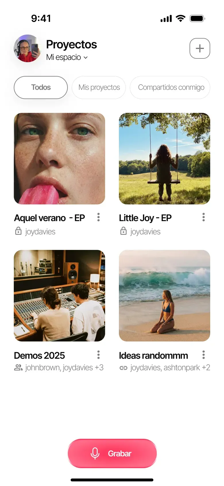 Vista de proyectos en Zoundroom con filtros Todos, Mis proyectos y Compartidos conmigo