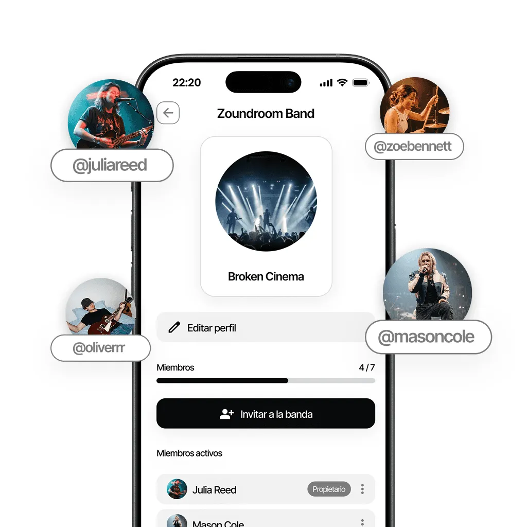 Plan Band de Zoundroom con múltiples integrantes colaborando en un mismo proyecto
