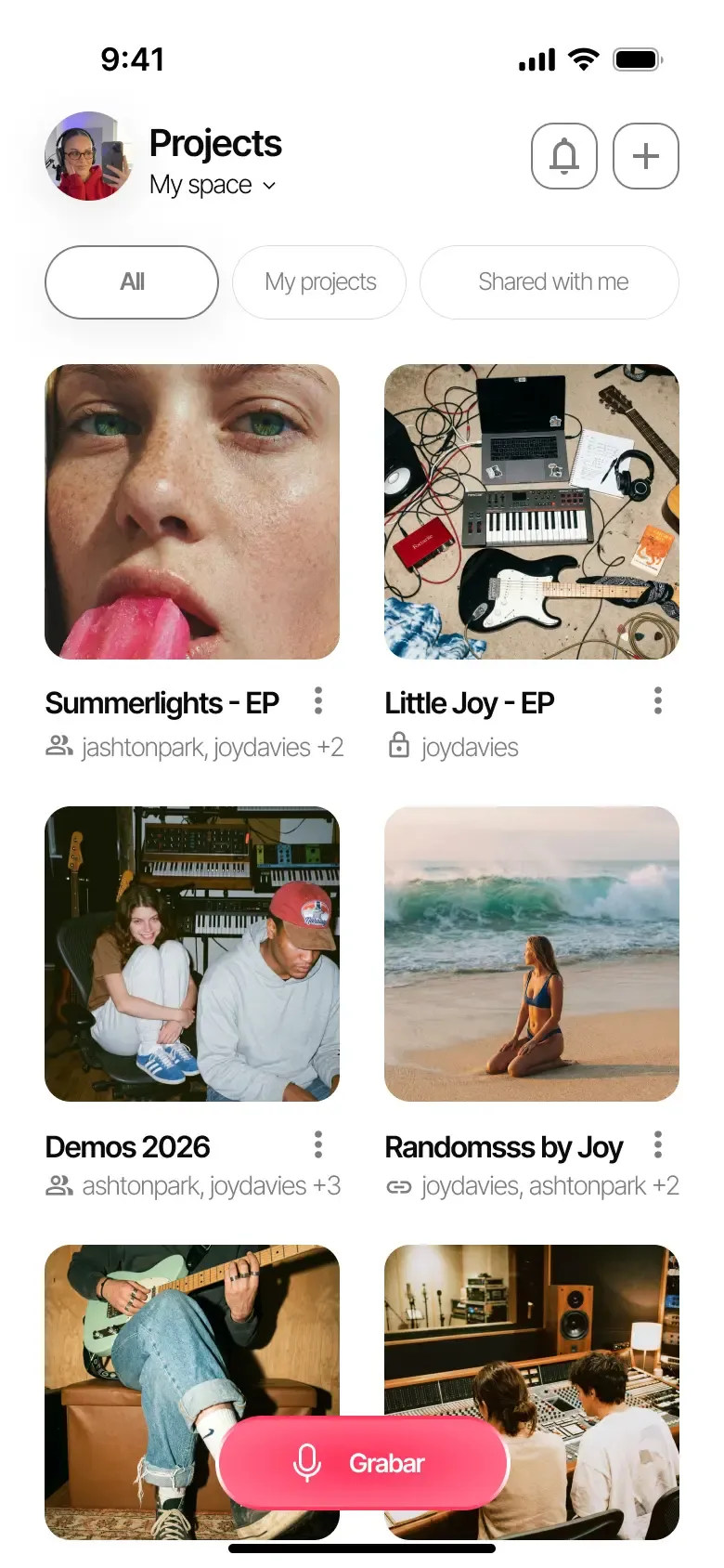 Zoundroom home screen showing shared music projects
