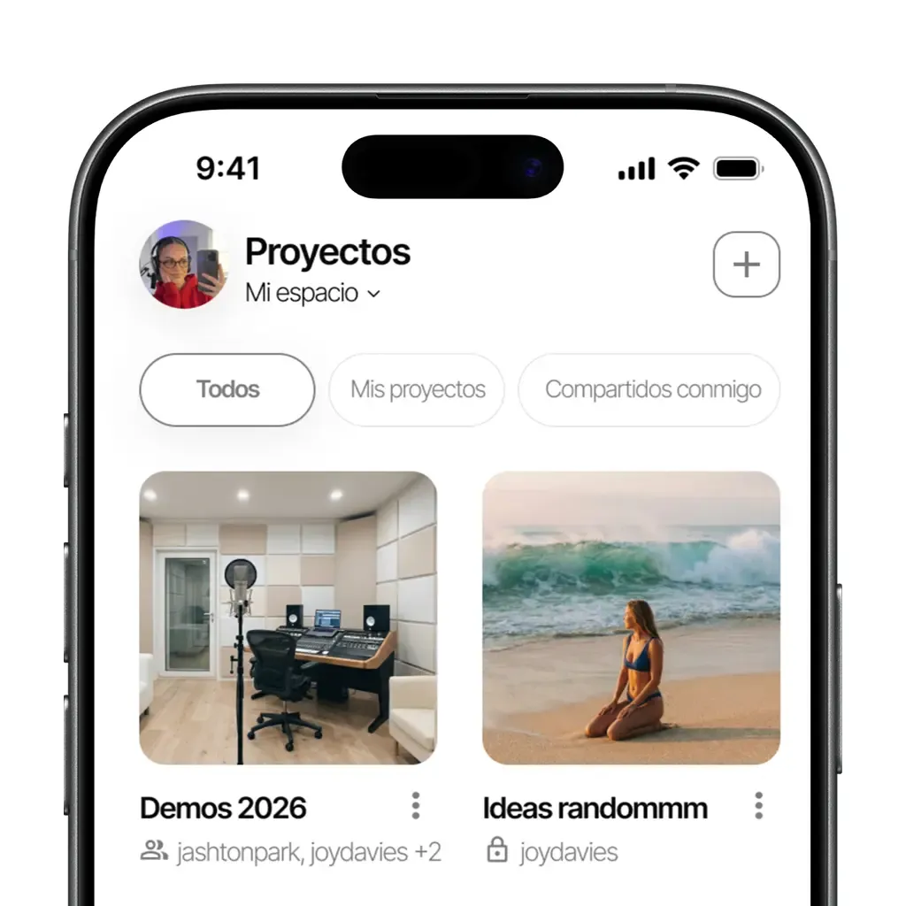 Pantalla del menú de Zoundroom con proyectos organizados