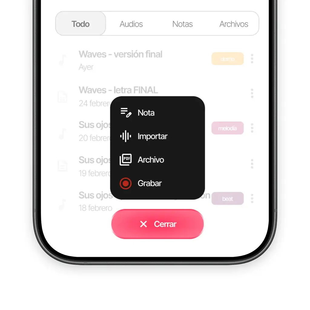Opciones para añadir nota, importar archivos o grabar en Zoundroom
